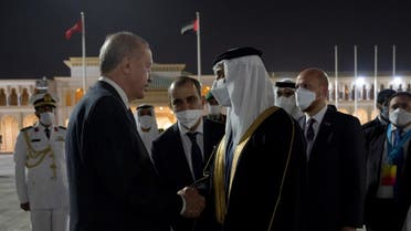 Turkish President Recep Erdogan (left) shakes hands with UAE Deputy Prime Minister Sheikh Mansour bin Zayed Al Nahyan as he departs the UAE. (WAM) 