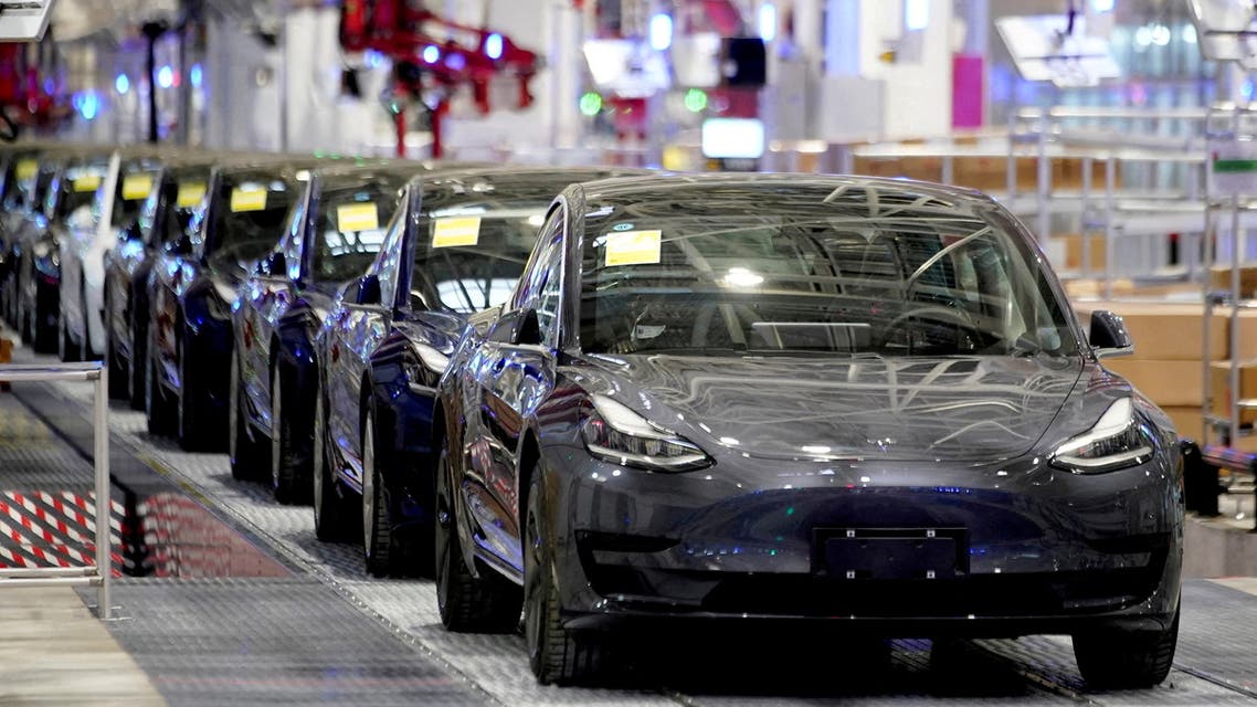 Tesla's China-made Model 3 vehicles are seen during a delivery event at its factory in Shanghai, China January 7, 2020. (Reuters)