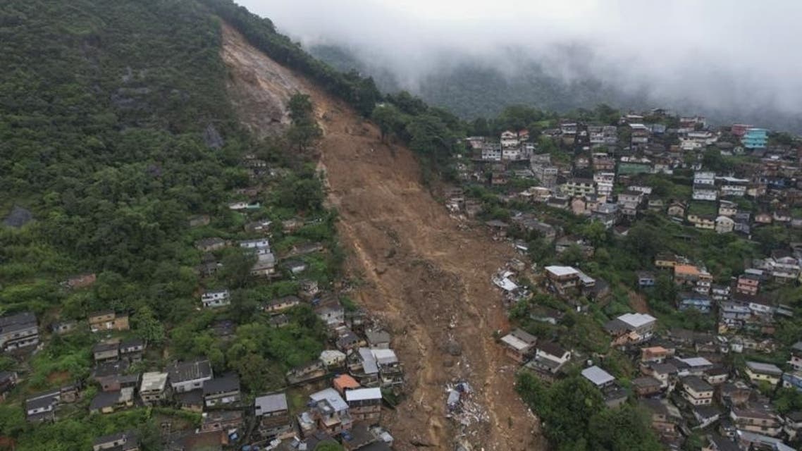 An aerial view shows neighborhood affected by landslides in Petropolis, Brazil, on Feb. 16, 2022. Heavy rains set off mudslides and floods in a mountainous region of Rio de Janeiro state, killing multiple people, authorities reported. (AP)