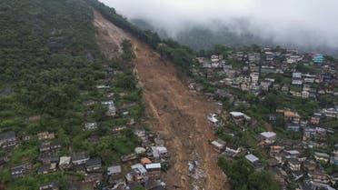 An aerial view shows neighborhood affected by landslides in Petropolis, Brazil, on Feb. 16, 2022. Heavy rains set off mudslides and floods in a mountainous region of Rio de Janeiro state, killing multiple people, authorities reported. (AP)