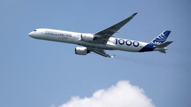 The Airbus A350-1000 is seen in the aerial display during the Singapore Airshow in Singapore, on February 15, 2022. (Reuters)