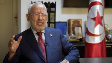 Tunisia's parliament speaker and Ennahdha party leader Rached Ghannouchi speaks during an interview with AFP, at his office in the capital Tunis, on September 23, 2021. (AFP)