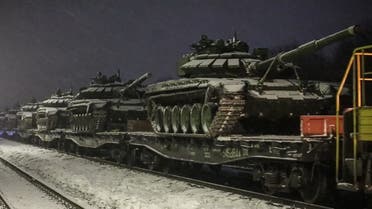 Russian tanks leaving for Russia after joint exercises of the armed forces Belarus, Feb. 18, 2022. (AFP) 
