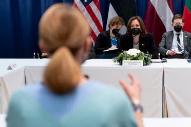 US VP Kamala Harris (2nd R) listens as Estonia's PM Kaja Kallas speaks during a meeting at the Munich Security Conference (MSC), February 18, 2022. (AFP)