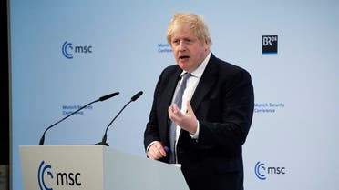 British Prime Minister Boris Johnson speaks during the Munich Security Conference in Munich, Germany, on February 19, 2022. (Reuters)