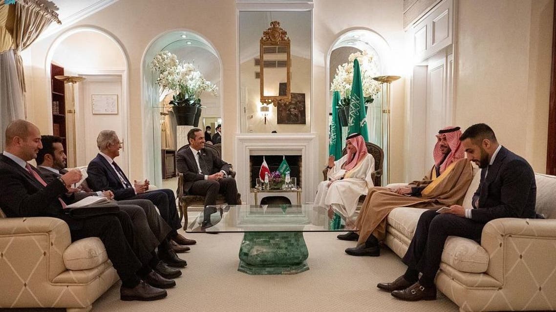 Saudi Arabia’s Foreign Minister Prince Faisal bin Farhan meets with his Qatari counterpart Sheikh Mohammed bin Abdulrahman al-Thani on the sidelines of the Munich Security Conference on February 19, 2022. (SPA)