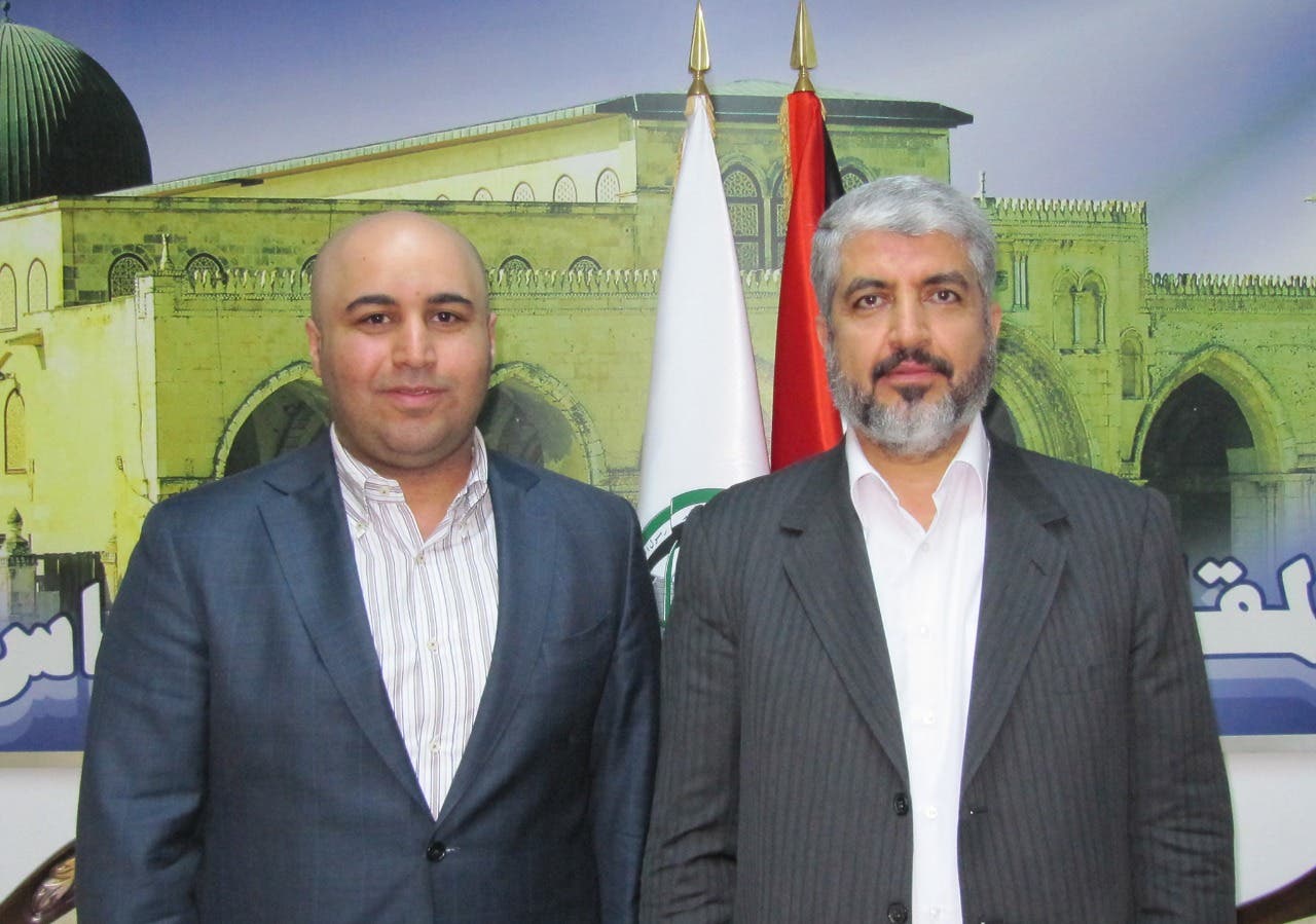 Hassan Al-Mustafa during a press interview with the head of the political bureau of Hamas, Khaled Meshaal