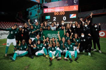 The Saudi Arabia women's national football team won its first international match in its history, beating the Seychelles on February 20, 2022.  (Twitter)