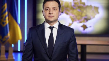 In this photo provided by the Ukrainian Presidential Press Office, Ukrainian President Volodymyr Zelenskyy addresses the nation on a live TV broadcast in Kyiv, Ukraine, Tuesday, Feb. 22, 2022. President Zelenskyy has told the nation that Ukraine is not afraid of anyone or anything. (AP)