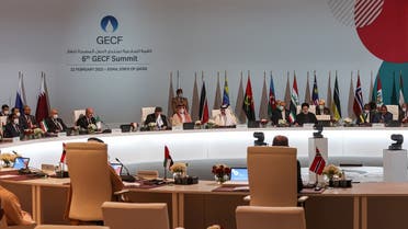 Qatar’s Emir Sheikh Tamim bin Hamad al-Thani (C) chairs the final session of the Gas Exporting Countries Forum (GECF) summit in Qatar’s capital Doha on February 22, 2022. (AFP)                  