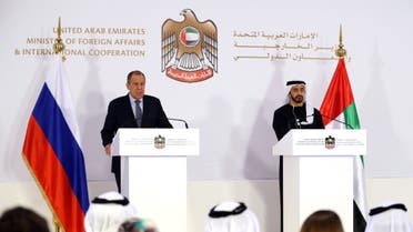 Foreign Affairs Minister of the United Arab Emirates Abdullah bin Zayed Al-Nahyan (R) and his Russian counterpart Sergey Lavrov attend a joint press conference in Abu Dhabi on March 6, 2019. (AFP)