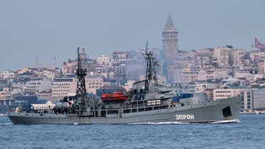 The Russian Navy's Black Sea Fleet 145th Rescue Ship Squad's Prut class rescue tug EPRON sails in the Bosphorus, on its way to the Black Sea, in Istanbul, Turkey, on February 17, 2022.  (Reuters)