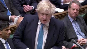 British Prime Minister Boris Johnson speaks during the weekly question time debate in Parliament in London, Britain, on February 23, 2022 in this screen grab taken from video. (Reuters)