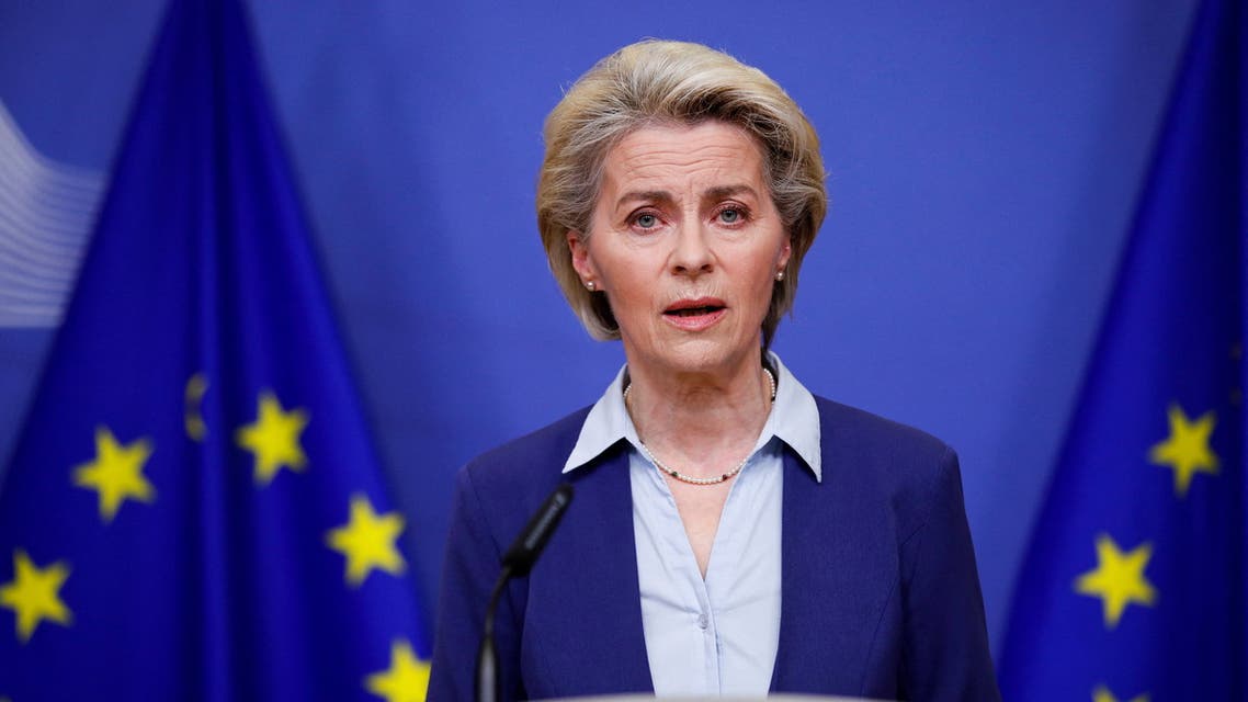 European Commission President Ursula von der Leyen delivers a statement following the conclusion of an EU Foreign Ministers' meeting on the crisis in Ukraine, in Brussels, Belgium February 22, 2022. (Reuters)