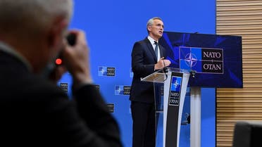 NATO Secretary General Jens Stoltenberg gives a statement on Russia’s attack on Ukraine, at NATO headquarters in Brussels on February 24, 2022. (AFP)