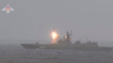 Russian guided missile frigate Admiral Gorshkov fires the Tsirkon hypersonic missile during the exercises by nuclear forces in an unknown location, in this still image taken from video released February 19, 2022. (Reuters)
