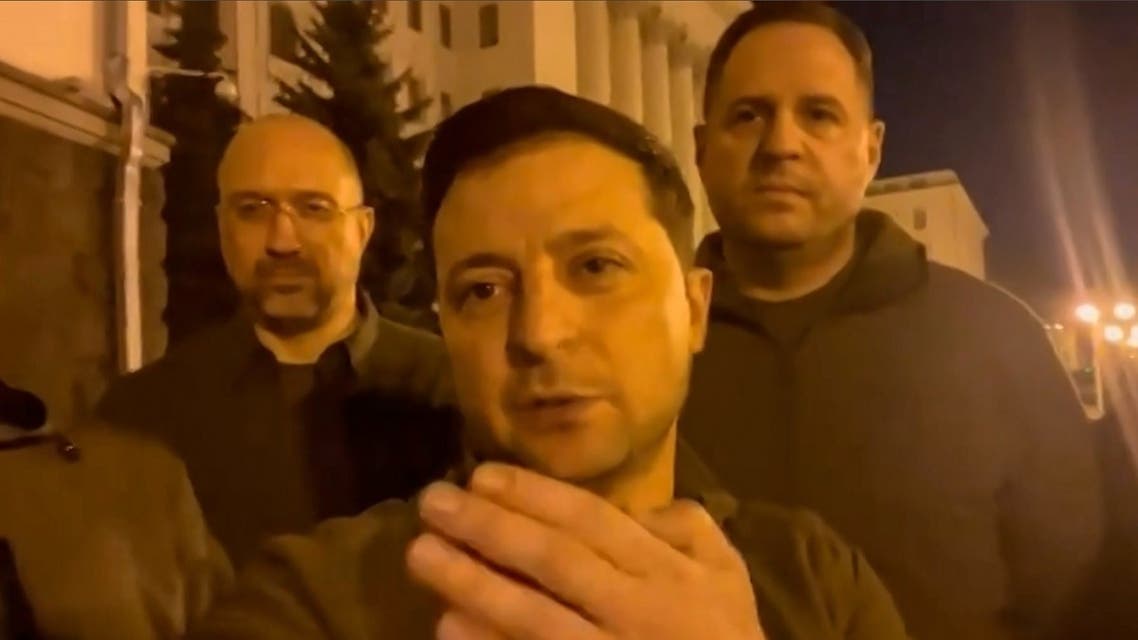 This screen grab taken from a video of the President of Ukraine Volodymyr Zelensky shows himself speaking on Feb. 25, 2022. (AFP)