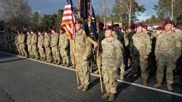 US troops attend arrival ceremony in Adazi military base, Latvia Feb. 25, 2022. (Reuters)