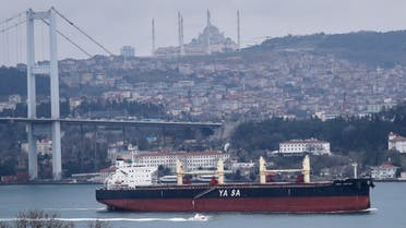 Marshall Islands-flagged bulk carrier Yasa Jupiter, a Turkish-owned ship which was hit by a bomb off the coast of Ukraine's port city Odessa on Thursday, sails in the Bosphorus in Istanbul, Turkey February 25, 2022. (Reuters)