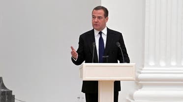  Dmitry Medvedev delivers a speech during a meeting with members of the Security Council in Moscow, Russia February 21, 2022. (Reuters)