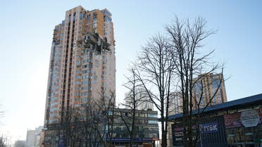 A view shows an apartment building damaged by recent shelling in Kyiv, Ukraine February 26, 2022. (Reuters)