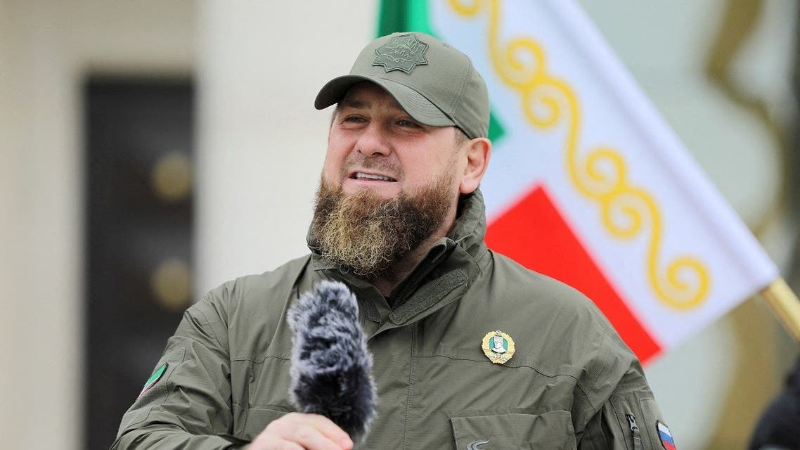 Head of the Chechen Republic Ramzan Kadyrov addresses service members while making a statement, dedicated to a military conflict in Ukraine, in Grozny, Russia February 25, 2022. (Reuters)