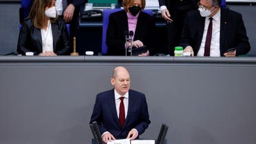 German Chancellor Olaf Scholz addresses an extraordinary session, after Russia launched a massive military operation against Ukraine, at the lower house of parliament Bundestag in Berlin, Germany, on February 27, 2022. (Reuters)