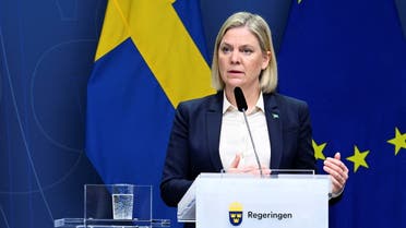 Swedish Prime Minister Magdalena Andersson speaks during a news conference regarding the security situation in Europe, at Rosenbad in Stockholm, Sweden, February 27, 2022. (Reuters)
