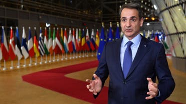 Greece’s Prime Minister Kyriakos Mitsotakis speaks to press as he arrives for an emergency European Union (EU) summit at The European Council Building, on the situation in Ukraine after Russia launched an invasion in Brussels, Belgium, on February 24, 2022. (Reuters)