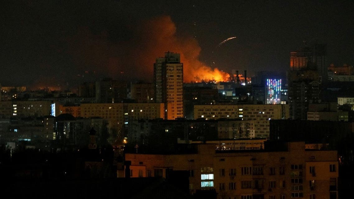 Smoke and flames rise over during the shelling in Kyiv, as Russia continues its invasion of Ukraine, on February 26, 2022. (Reuters)