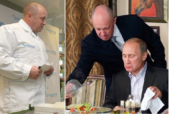 صورتان لقائد المجموعة المالك سلسلة مطاعم فاخرة بروسيا، إحداهما مع بوتين 