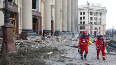 A view shows the area near the regional administration building, which city officials said was hit by a missile attack, in central Kharkiv, Ukraine, on March 1, 2022. (Reuters)