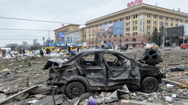 A view of the square outside the damaged local city hall of Kharkiv on March 1, 2022, destroyed as a result of Russian troop shelling. (AFP)