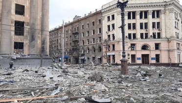 This handout picture published on the Telegram account of the State Emergency Service of Ukraine, shows the square outside the headquarters of the Kharkiv administration in Kharkiv after it was shelled on March 1, 2022. (AFP)
