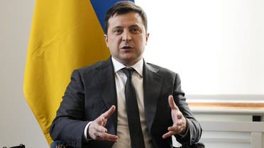 Ukrainian President Volodymyr Zelenskyy attends a meeting with Britain's Prime Minister during the Munich Security Conference in Munich, southern Germany, on February 19, 2022. (AFP)