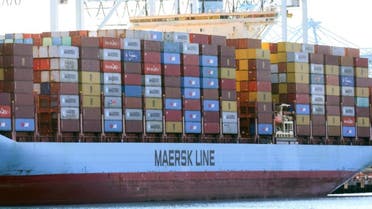 Shipping containers sit aboard a Maersk container ship at the Port of Los Angeles on February 9, 2022 in San Pedro, California. (AFP)
