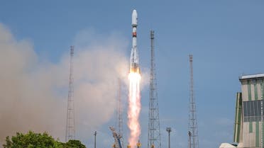 This handout picture taken on March 9, 2018 and released by the European Space Agency (ESA) - Arianespace shows Soyuz flight VS18, carrying four additional spacecraft for SES’ O3b Medium Earth Orbit (MEO) satellite constellation, launching from the European space center at Kourou, French Guiana. (AFP)