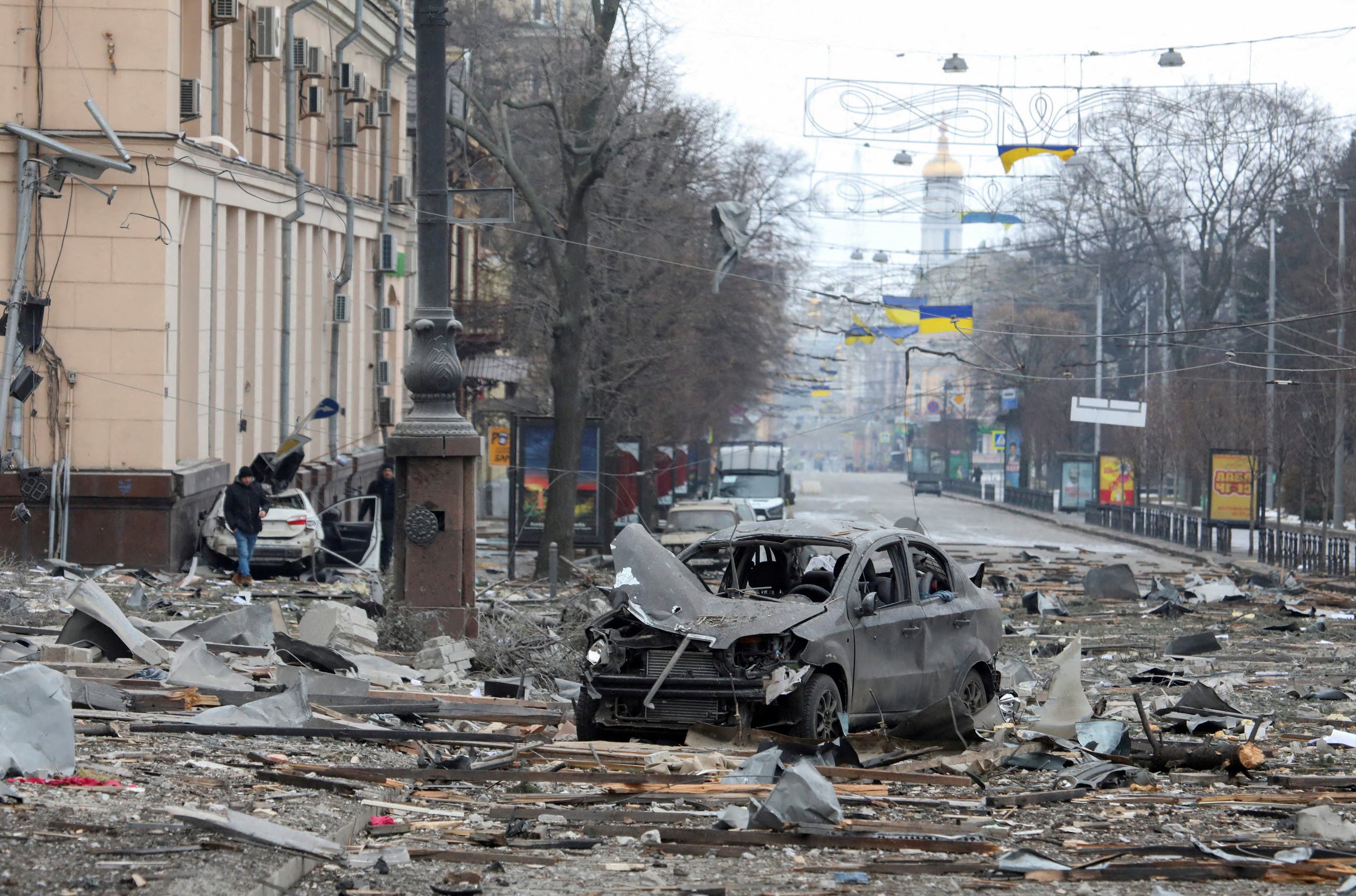 A view shows the area near the regional administration building, which city officials said was hit by a missile attack, in central Kharkiv, Ukraine, March 1, 2022. (File photo: Reuters)