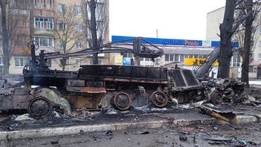 This picture made available by ESN on March 3, 2022 shows a burned military vehicle in Borodyanka, northwest of Kyiv. (AFP)
