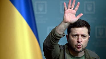 Ukrainian President Volodymyr Zelensky gestures as he speaks during a press conference in Kyiv on March 3, 2022. (AFP)