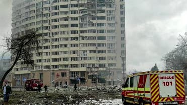 This grab made from a handout video released by the State Emergency Service of Ukraine, shows a damaged apartment building which is said was hit by shelling in Chernihiv on March 3, 2022. (AFP)