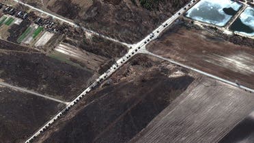 This Maxar satellite image taken and released on February 28, 2022 shows a military convoy along a highway, north of Ivankiv, Ukraine. (AFP/Maxar Technologies)