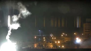 Surveillance camera footage shows a flare landing at the Zaporizhzhia nuclear power plant during shelling in Enerhodar, Zaporizhia Oblast, Ukraine March 4, 2022, in this screengrab from a video obtained from social media. (Reuters)