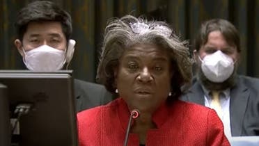 A screengrab from a video shows the US ambassador to the United Nations Linda Thomas-Greenfield during the UN the Security Council emergency session on March 4, 2022. (Al Arabiya TV)