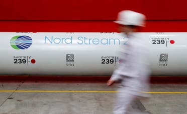 The logo of the Nord Stream 2 gas pipeline project is seen on a pipe at the Chelyabinsk pipe rolling plant in Chelyabinsk, Russia, February 26, 2020. (Reuters)