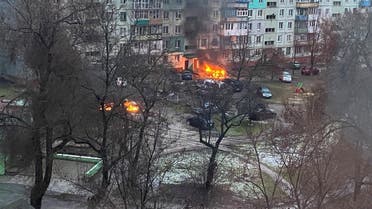 Fire is seen in Mariupol at a residential area after shelling amid Russia's invasion of Ukraine March 3, 2022, in this image obtained from social media. (Twitter@AyBurlachenko via Reuter)