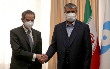 رافاييل غروسي ومدير منظمة الطاقة الذرية الإيرانية محمد إسلامي (فرانس برس)