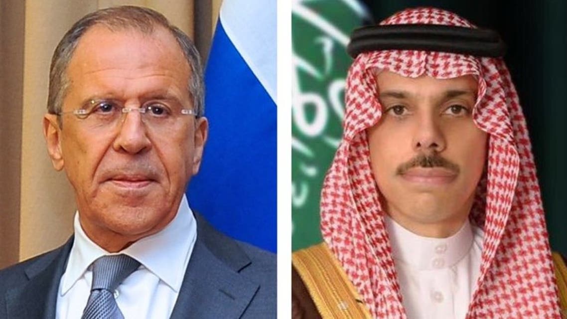 Photo combination shows Saudi Arabia’s Minister of Foreign Affairs Prince Faisal bin Farhan and his Russian counterpart, Sergey Lavrov. (Foreign Ministry)