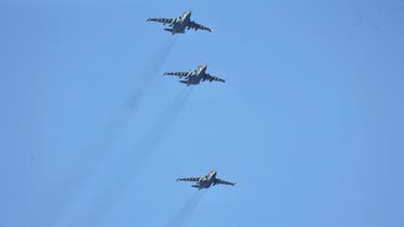 Fighter jets fly in formation during joint exercises of the armed forces of Russia and Belarus as part of a military excercise at the Gozhsky firing range in the Grodno region, on February 12, 2022. (AFP)