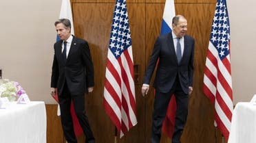 US Secretary of State Antony Blinken (L) and Russian Foreign Minister Sergey Lavrov walk towards their seats before their meeting on January 21, 2022, in Geneva, Switzerland. (AFP)